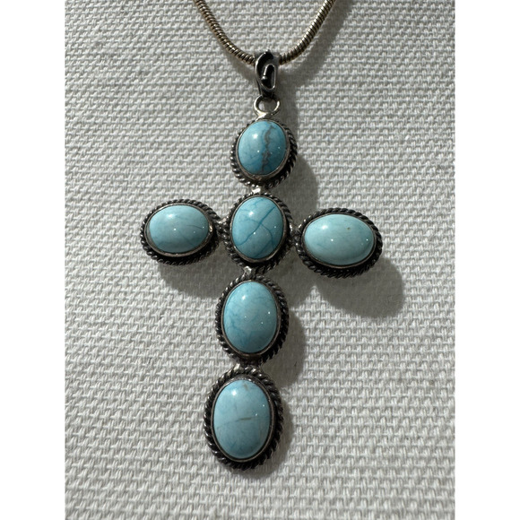 Turquoise Cross Necklace Pendant Large Sterling Silver Southwestern 14 gr - Picture 1 of 9
